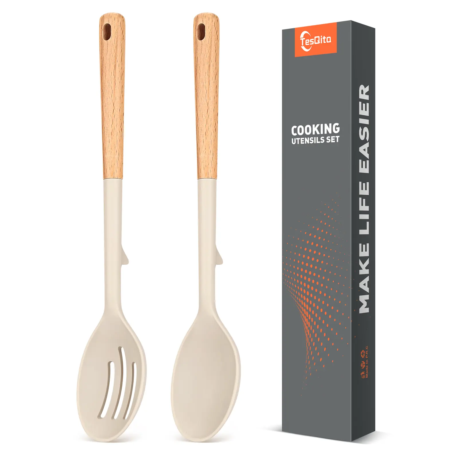 2-Piece Large Silicone Slotted & Solid Spoons with Wooden Handle, Hanging Kitchen Utensils for Nonstick Cookware, Heat-Resistant BPA-Free Tools for Mixing & Serving
