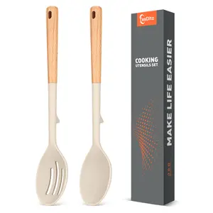 Large Silicone Slotted Spoon&Spoon with Wooden Handle for Nonstick Cookware,Kitchen Cooking Spoons for Mixing, Serving& Stirring,Heat-Resistant Utensils Spoon Set of 2,BPA Free