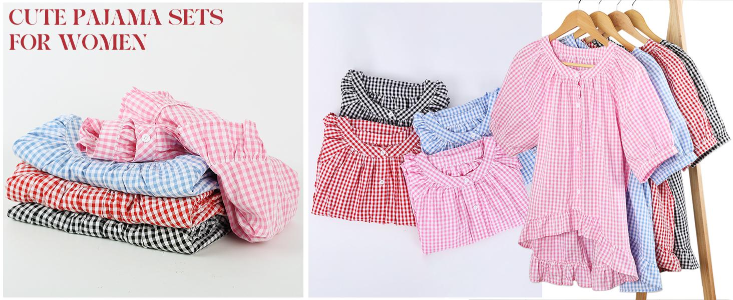 Arssm Women’s Gingham Pajama Set – 2-Piece Plaid Cotton Button-Down Top & Pants with Ruffle for Cozy Sleepwear & Lounge Set