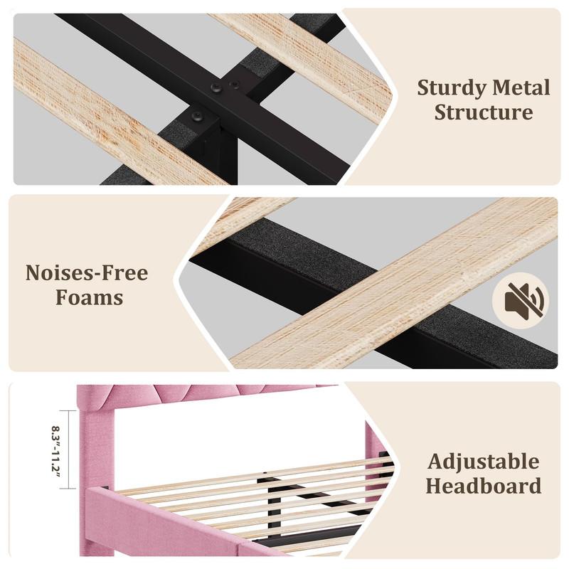 PinkTwin Bed Frame with Upholstered Headboard, Heavy-Duty Platform Bed Frame with Strong Wood Slats, No Box Spring Needed/Noise Free/Easy Assembly