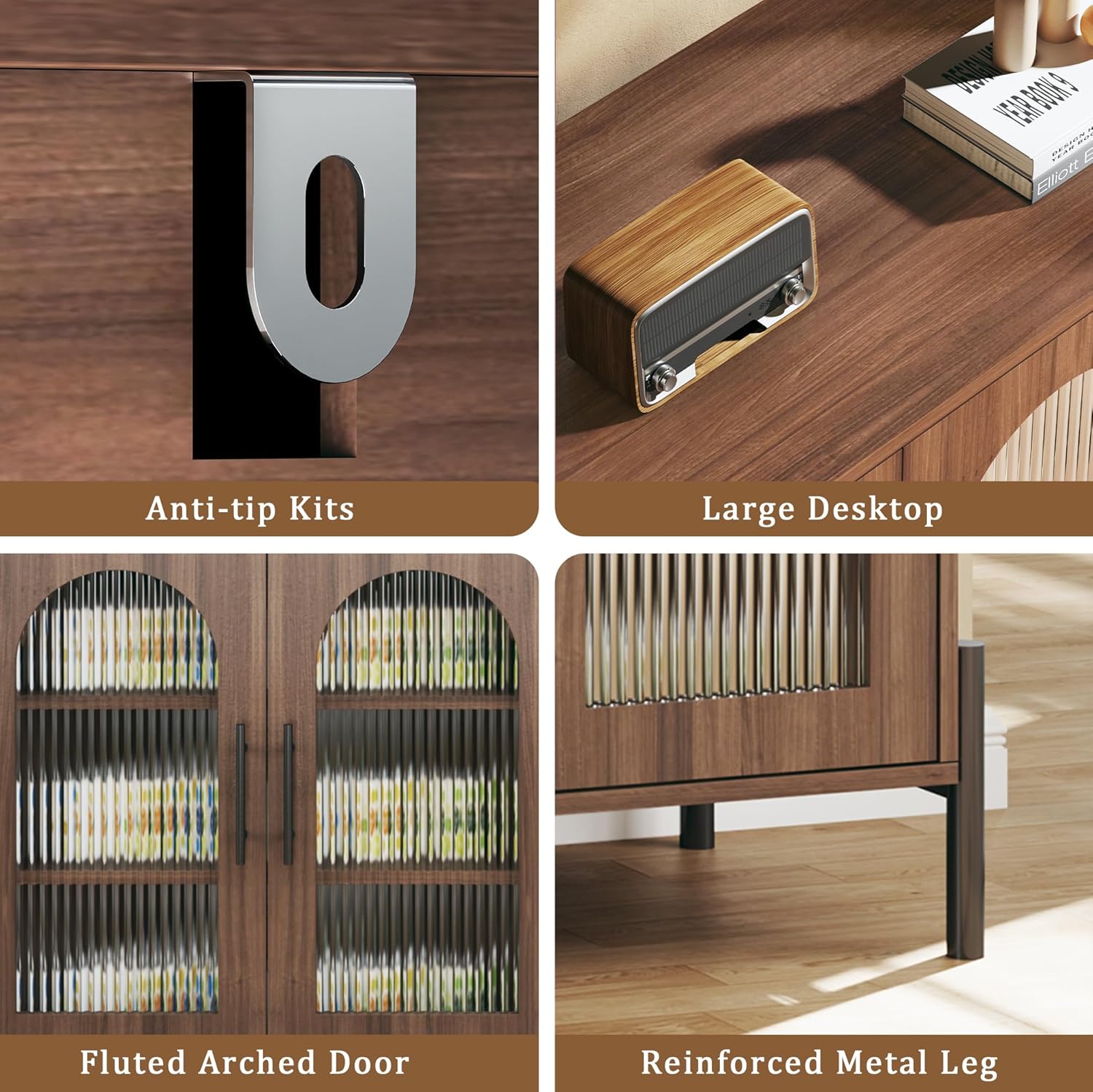 Sideboard Buffet Cabinet with Storage, 55" Modern Sideboard Cabinet with 4 Fluted Glass Doors & Adjustable Shelves, Wood Buffet Console Table for Living Room, Kitchen, Dark Walnut