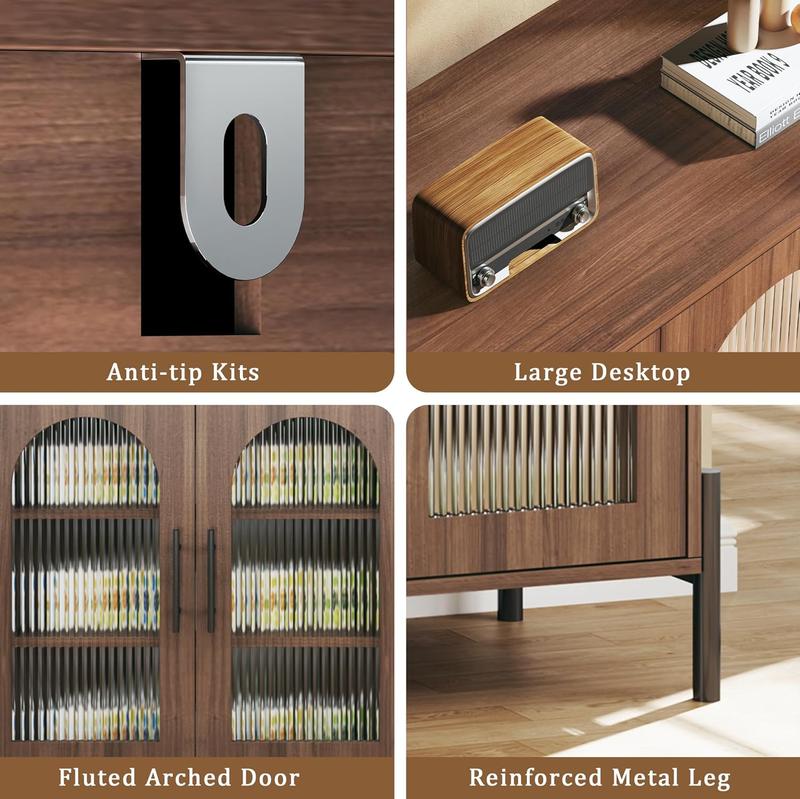 Sideboard Buffet Cabinet with Storage, 55" Modern Sideboard Cabinet with 4 Fluted Glass Doors & Adjustable Shelves, Wood Buffet Console Table for Living Room, Kitchen, Dark Walnut