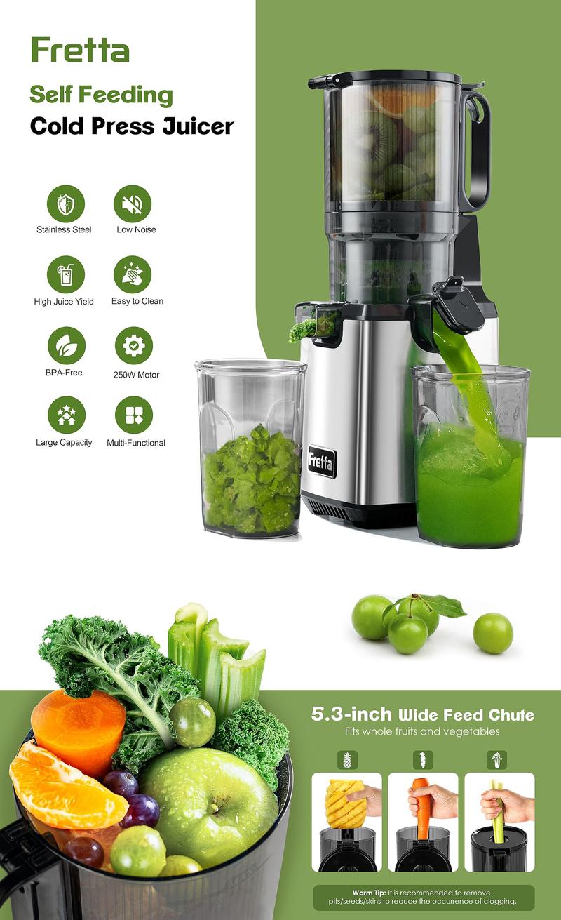 FRETTA Cold Press Juicer with 5.3" Feed Chute, Slow Masticating juicer for Vegetables and Fruits, Frozen Fruit Dessert,Fruit Sorbet, BPA Free,Easy to Clean,Perfect back To School & Gym! Blender Portable, juicer juicers machines