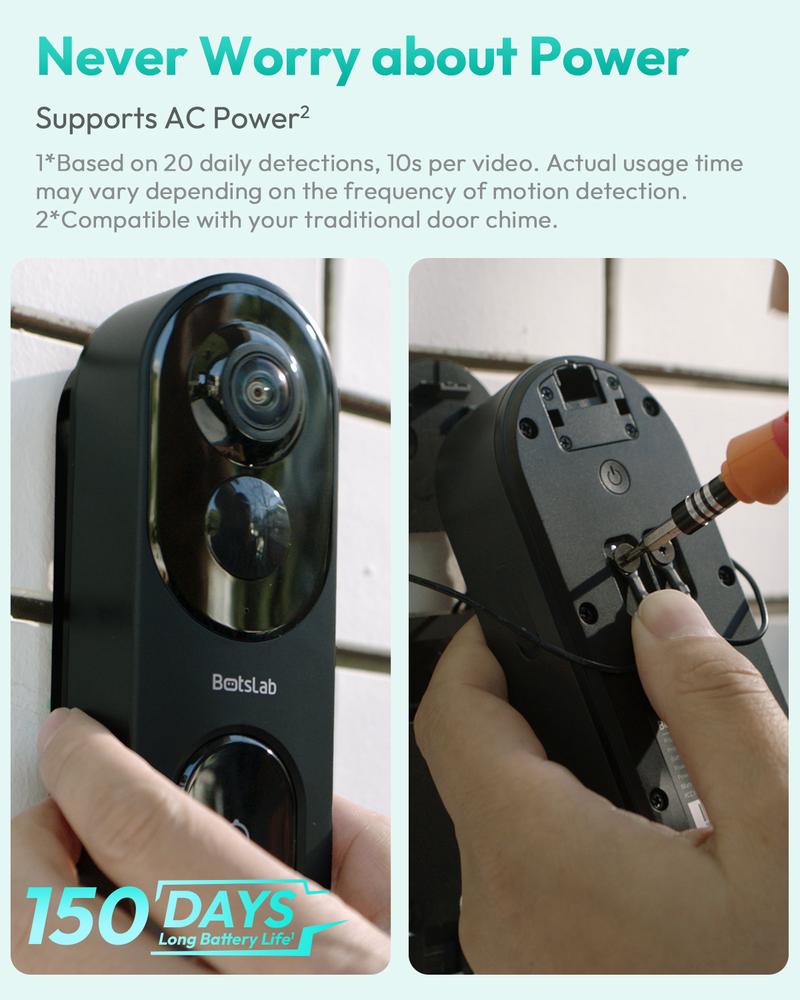 Botslab 2K Doorbell Camera Wireless 180° View 2-Way Audio AI Notifications 5200mAh Battery 2.4Ghz WiFi Secure Storage No Subscriptions Real-Time Communication
