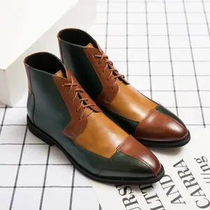 Men's Two-Tone Leather Oxford Boots Lace-Up Pointed Toe Ankle Boots Classic Color-Block Dress Shoes for Business Wedding and Formal Events