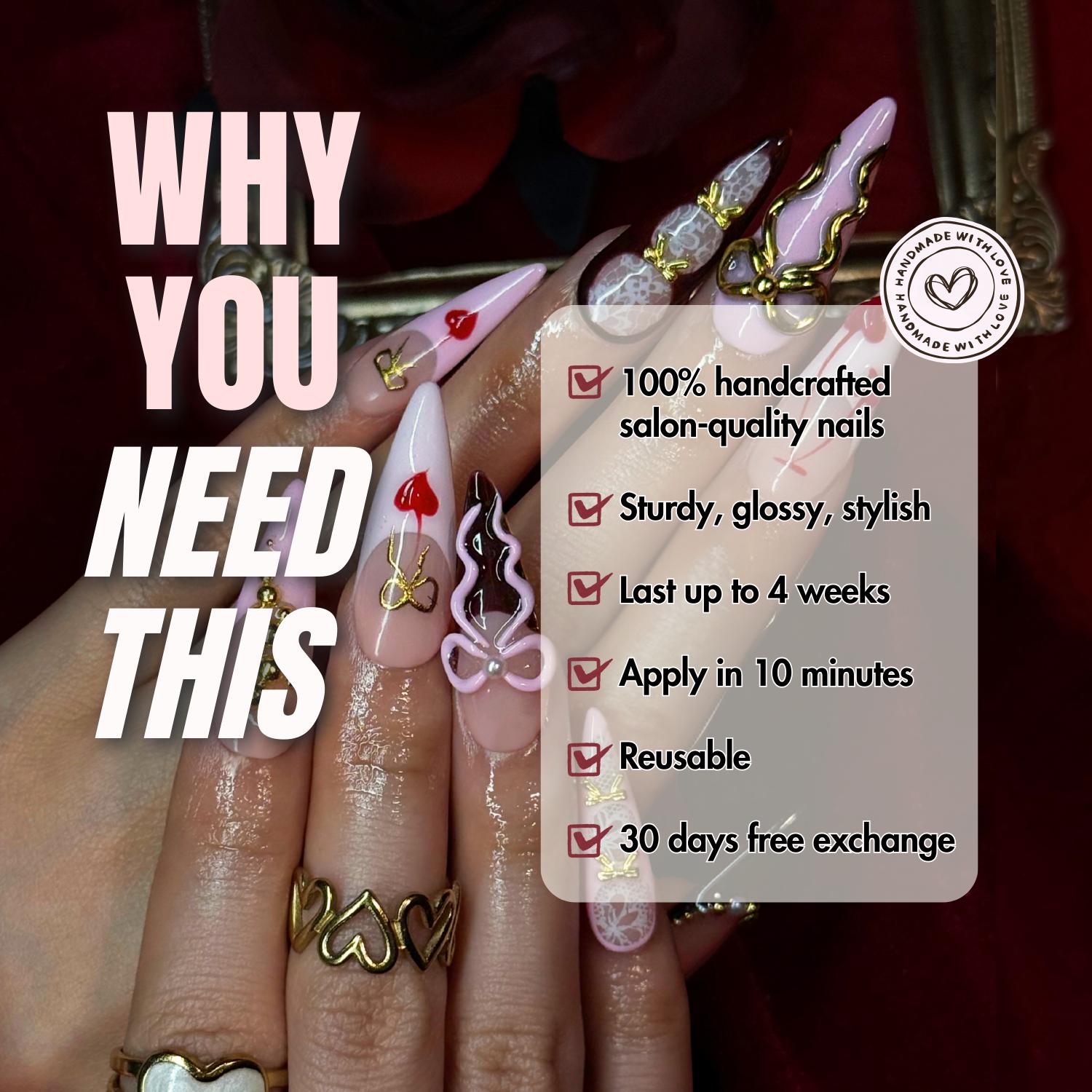 NailPhoria HEARTSTRUCK Collection - Valentine Handmade Press-On Nails | Reusable, Salon-Quality, Long-Lasting, Glossy Design