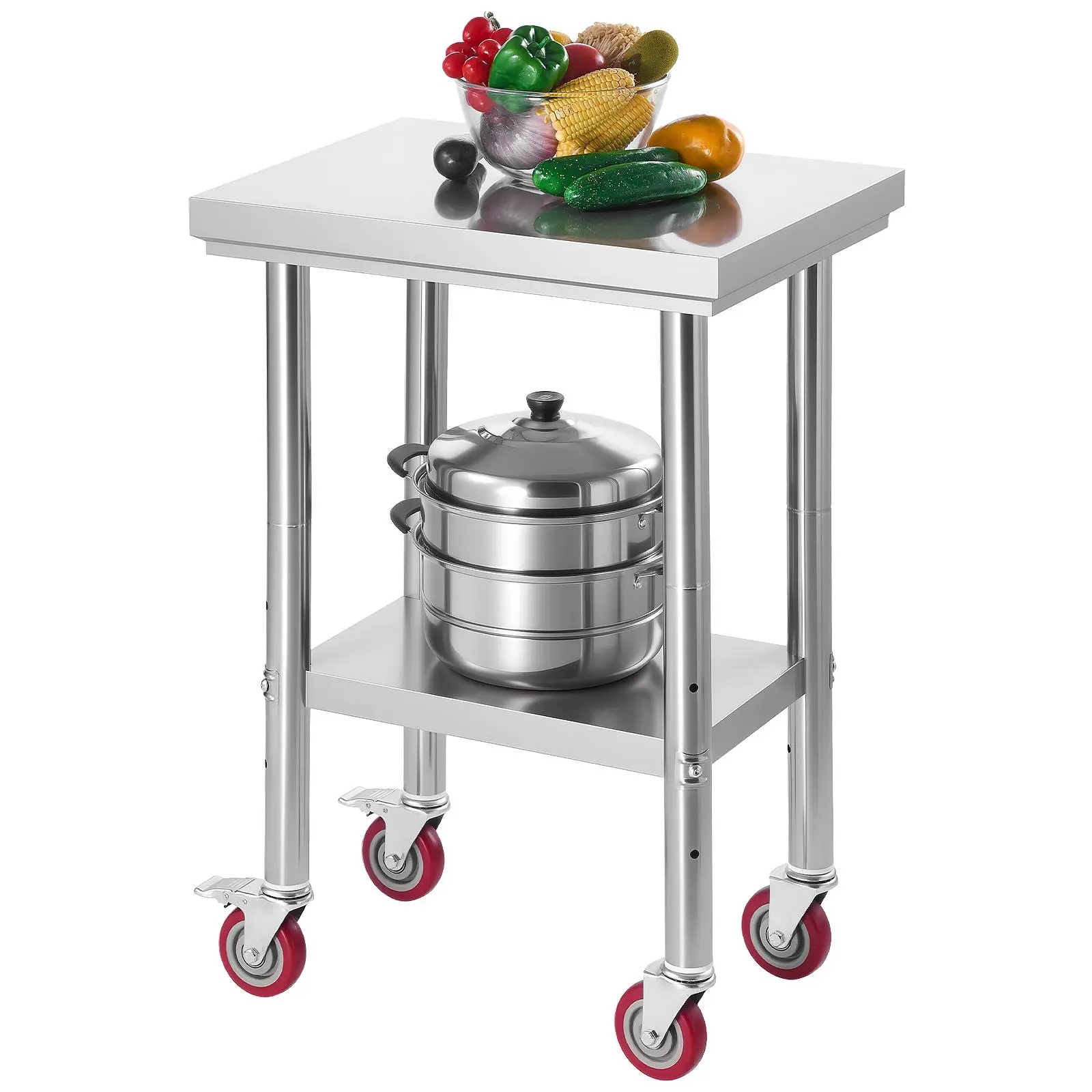 【FathersDayGift】VEVOR Stainless Steel Table, 24 x 18 Inches Food Prep Worktable with Wheels, Kitchen Prep Table with Adjustable Undershelf Workstations for Commercial Kitchen, Restaurant, Hotel and Garage, Outdoor