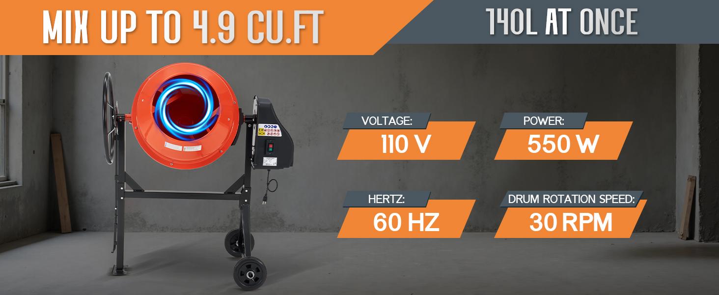 AMERLIFE 4.9 Cu.Ft. Electric Cement Mixer,375W/550W Portable Concrete Mixing Machine with 140L Drum, 110V Motor, 30RPM Rotation for Mortar, Stucco, and Feed AMERLIFE 4.9 Cu.Ft. Electric Cement Mixer,375W/550W Portable Concrete Mixing Machine with 140L Drum, 110V Motor, 30RPM Rotation for Mortar, Stucco, and Feed