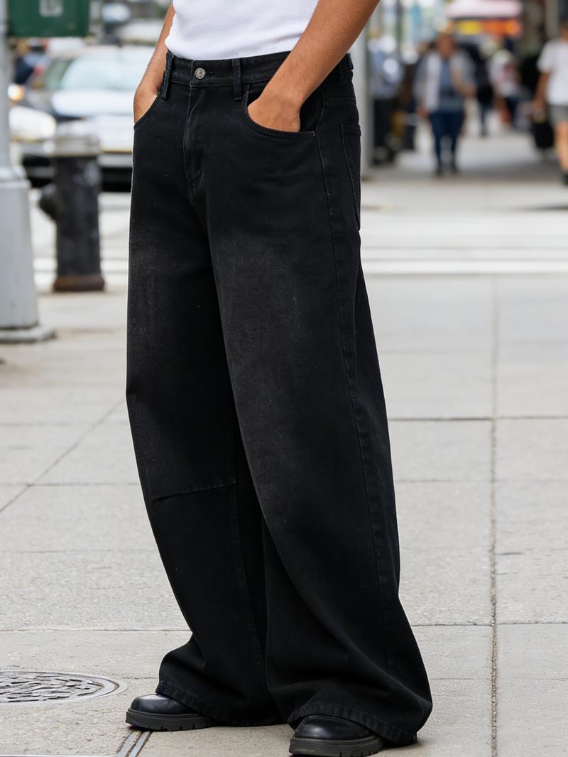 Customized Black Denim Pants Men's Wide-Leg Jeans Loose Casual Streetwear Trousers