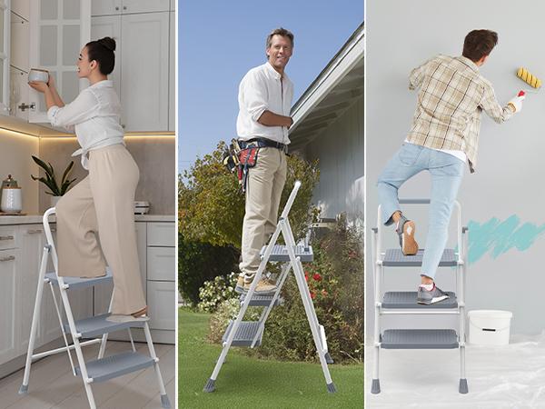 Step Ladder, Foldable Stool with Wide Pedal, Cushioned Handle, 800lbs Capacity for Home Kitchen and Outdoor, Black