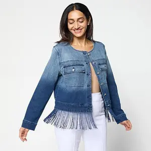 Colleen Lopez Ombre Denim Fringe Trim Button-Front Jacket