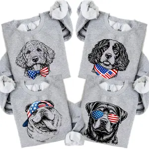 Puppy Love Dog Sweatshirt Showcasing 50 dog breeds in 4th of July Graphic, Cute Puppy Independence Day Shirt for Dog Lovers, printed on a cozy Gildan Sport Grey unisex crew pullover for pet lovers.