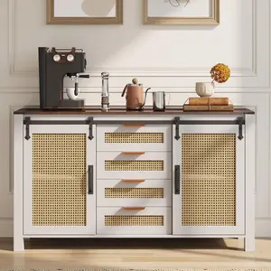 [Clearance Sale] Buffet Cabinet with Storage, Rattan Sideboard Cabinet with Adjustable Shelves&Sliding Barn Doors and 4 Drawers, Farmhouse Coffee Bar Table, Brown big  drawers