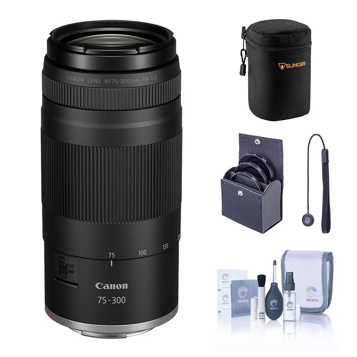 Canon RF Mount Autofocus Telephoto 75-300mm f/4-5.6 (Black) - Bundle with 58mm Filter Kit, Portable Case, Cleaning Kit, and Lens Cap Tether