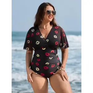 【Tummy control】BLOOMCHIC Plus Size Mesh Lip Pattern Ruched One-Piece Swimsuit [M-6X] 2026 Summer Vibes Swimweek,Spotlight,Summer wins,Deals for you days High Stretch Swimwear