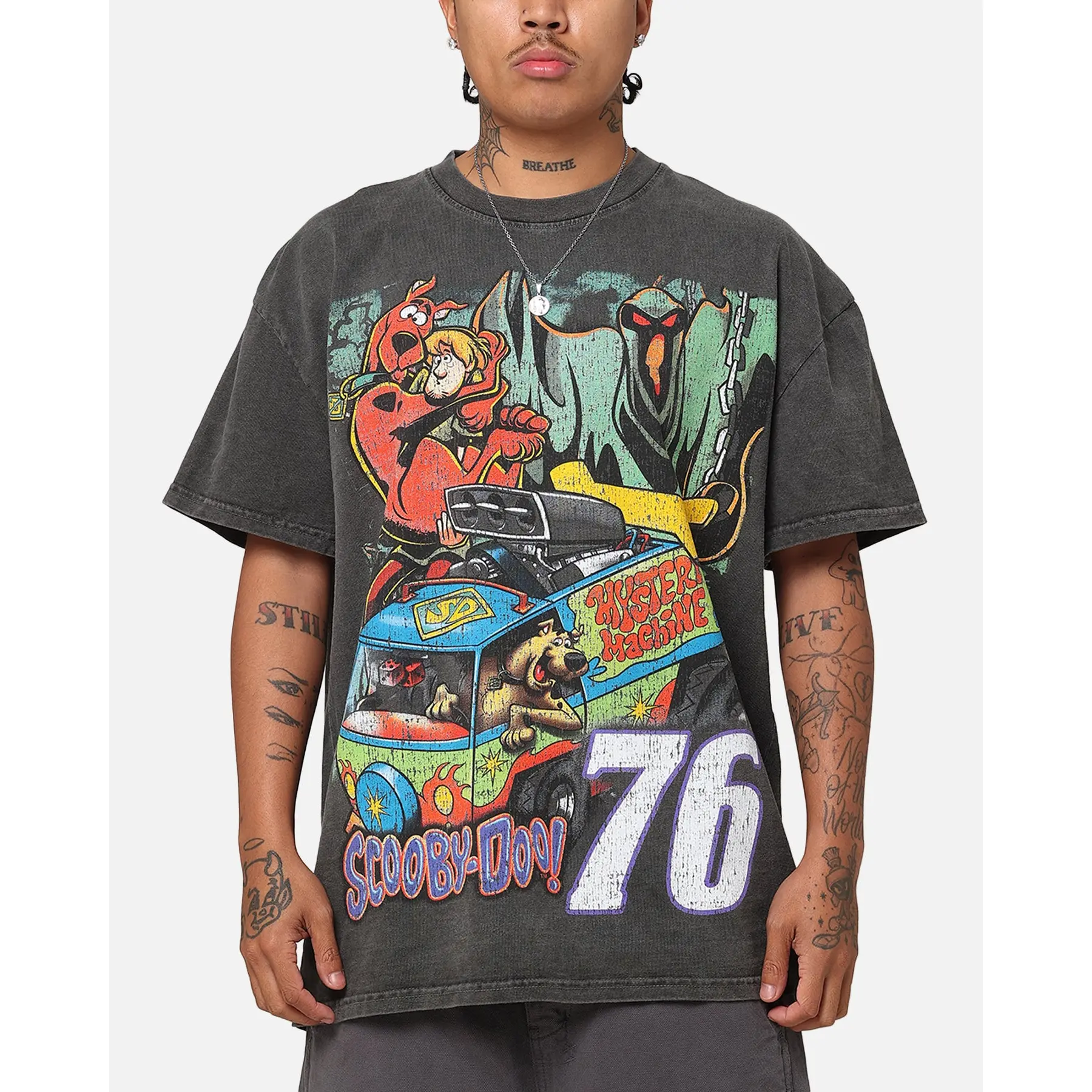 73Studio X Scooby-Doo Jumbo Print Vintage T-Shirt, Heavyweight Black Wash Retro Tee, Classic Cartoon Graphic Casual Streetwear Top