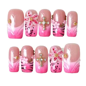 pg64 Hot Blossom  Press on Nails|100% 3D Handmade Acrylic | Medium  Square | Reusable& Long lasting Salon Quality | Elegant Daily & Daily Wear
