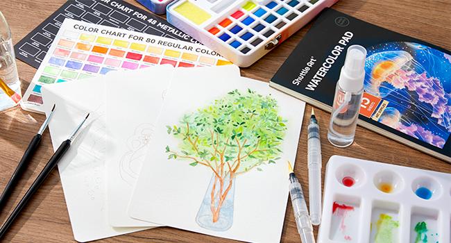 Shuttle Art Watercolor Paint Set, 128 Vibrant Colors with Metallic Shades, Travel Watercolor Set with Watercolor Brushes, Palette, Watercolor Sketchbook and Coloring Sheets for Adults, Artists