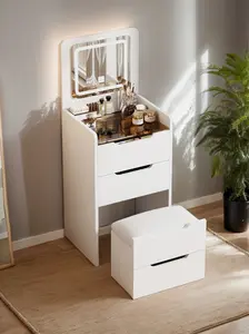 3-in-1 Vanity Desk with FLIP TOP LED MIRROR – Compact Makeup Vanity Set with Visible Glass Desktop & 3 Drawers | Small Dressing Table, Writing Desk & Beauty Station for Bedroom, Apartment & Small Spaces – White Modern Furniture， Includes Stool!