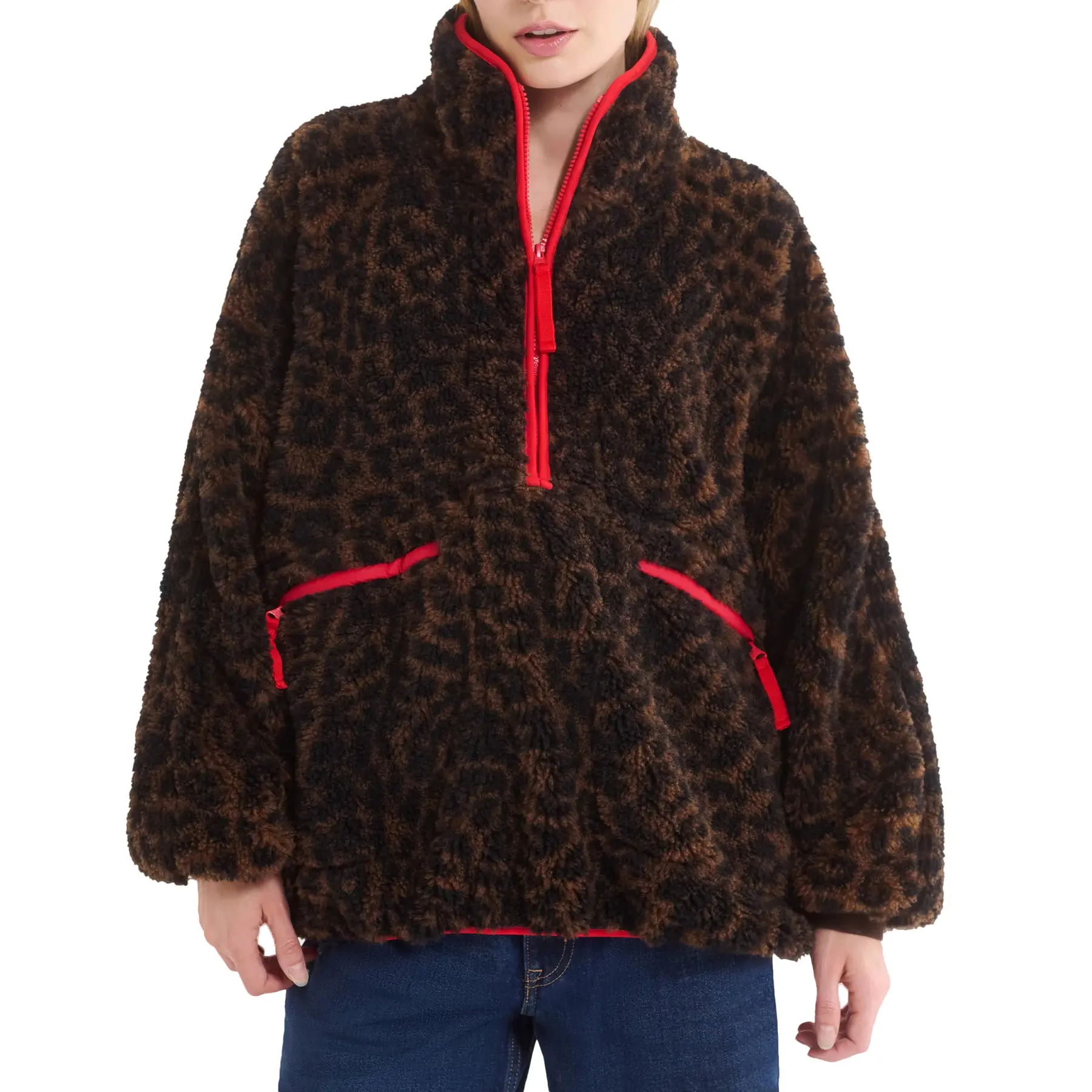 Songling Pullover Sweatshirt for Women, Oversized Snow Leopard Print Teddy Fleece, High Neck Half-Zip for Casual Winter Hiking, Women's Clothes, Jackets, Chic, Trending Clothes, Evening