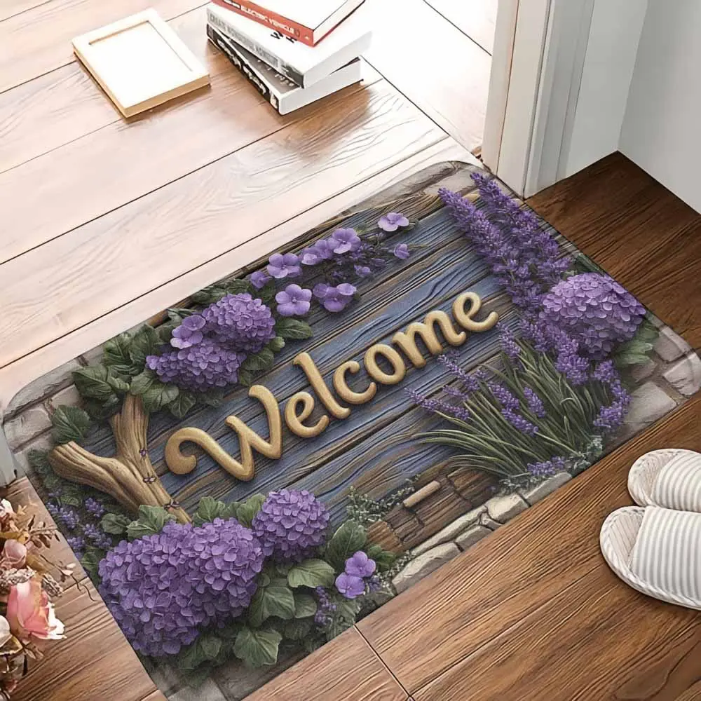 Purple Hydrangea & Lavender Print Floral Doormat - High-Tech Polyester & Rubber Non-Slip Floral Area Rug, Absorbent Durable Soft Washable Indoor-Outdoor Mat, Ideal for Front Porch, Housewarming Gift