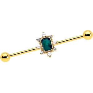 14G Green CZ Gem Gold Tone Royal Beauty Industrial Barbell 38mm