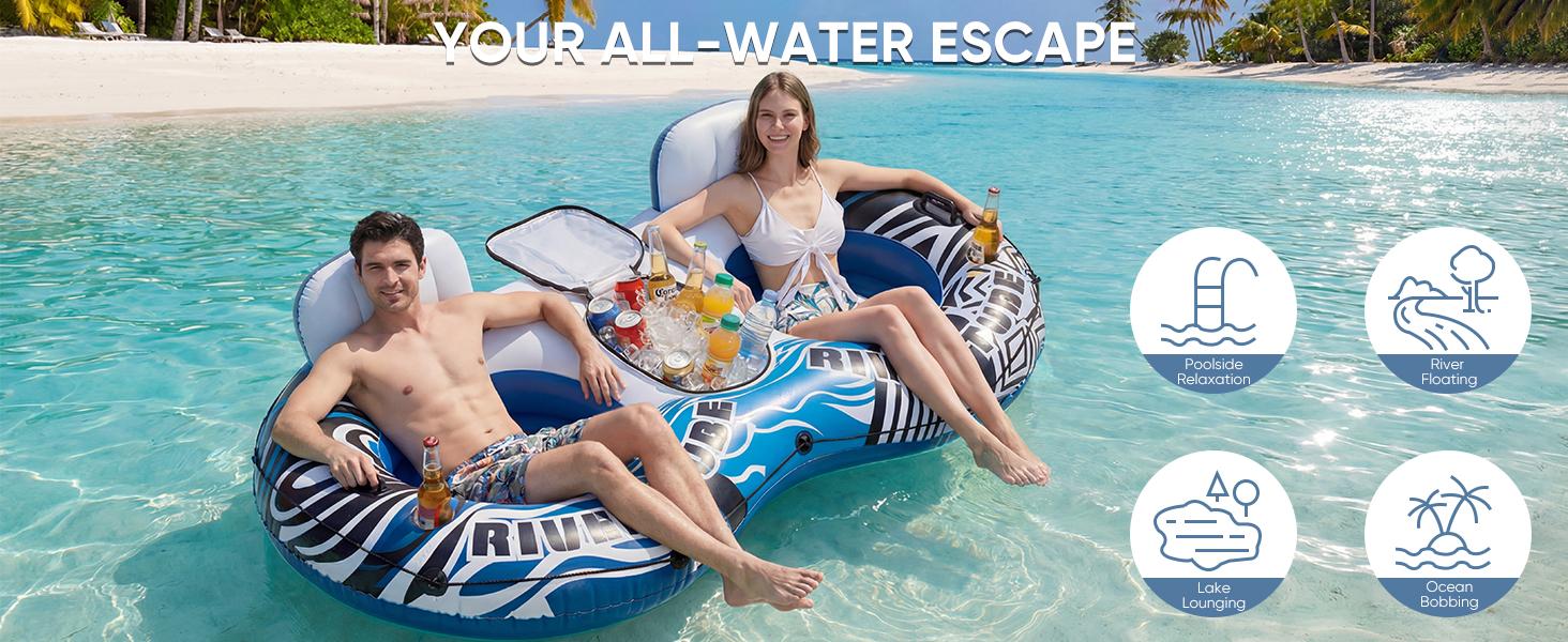 2 Person Inflatable River Tube Float with Cooler & Enhanced Backrest, Quick Inflate Pool Lake Raft Lounger 2 Person Inflatable River Tube Float with Cooler & Enhanced Backrest, Quick Inflate Pool Lake Raft Lounger