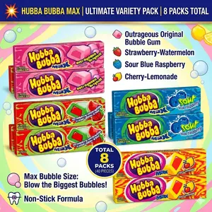 Hubba Bubba Max Variety Pack - 8 Individual Packs (4 Flavors, 2 Each) - Ultimate Fruit Bubble Gum Bundle - 40 Pieces Total