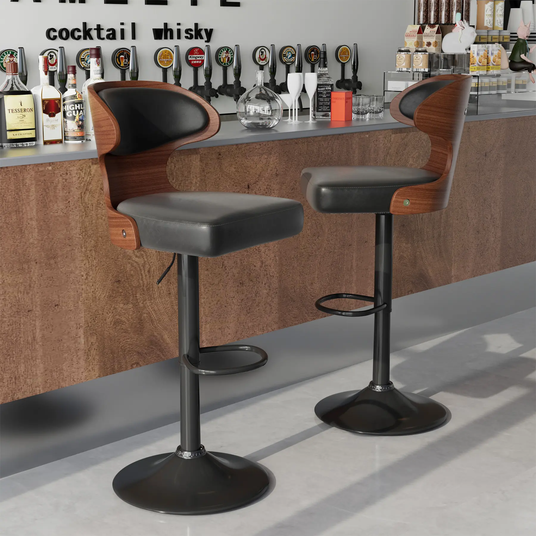 Bar Stools Seat Adjustable Height 24.5-33.5IN - Bentwood Swivel Barstools with Back & Footrest - PU Leather Upholstered Bar Chair for Bar, Kitchen, Dining Room