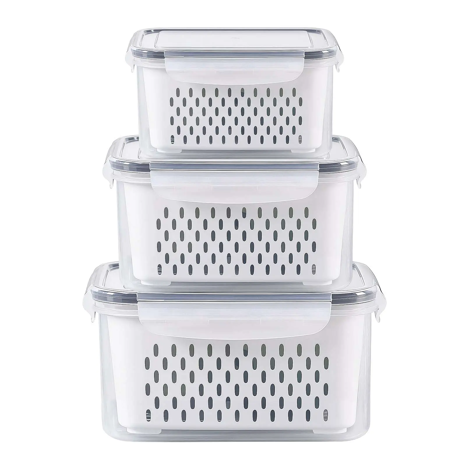 Airtight Food Storage Containers 3 Pack Fridge Food Storage Container Set with Lids with Strainer,Plastic Fresh Produce Saver Vegetable Fruit Meat Storage Organization, BPA-Free Plastic Produce Keepers(3.15L+1.7L+0.8L) Kitchen Utensils,summerwins