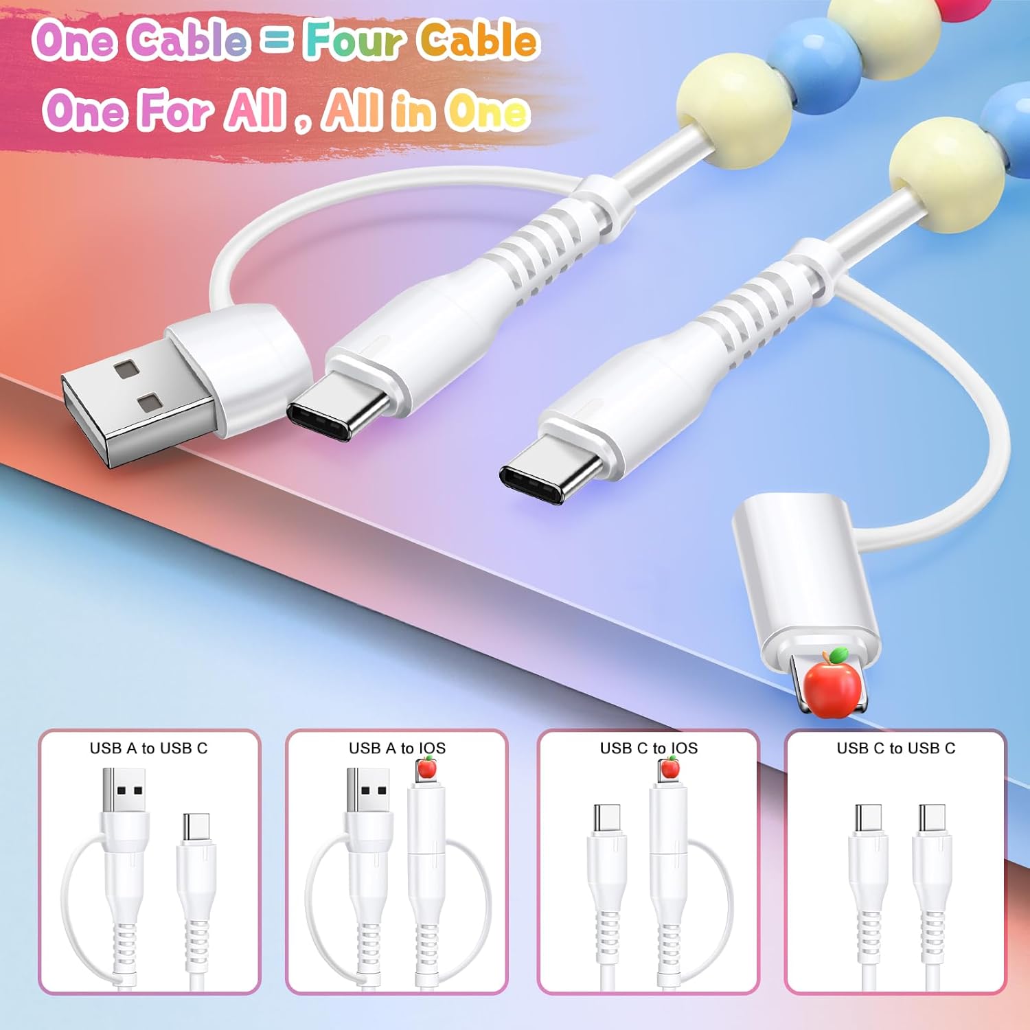 4 in 1 Beaded Charging detachable Cords stylish shine Fit for All Device USB-A,USB-C & Lightening for iPhone 15/16/17 Samsung Type-C Cellphone