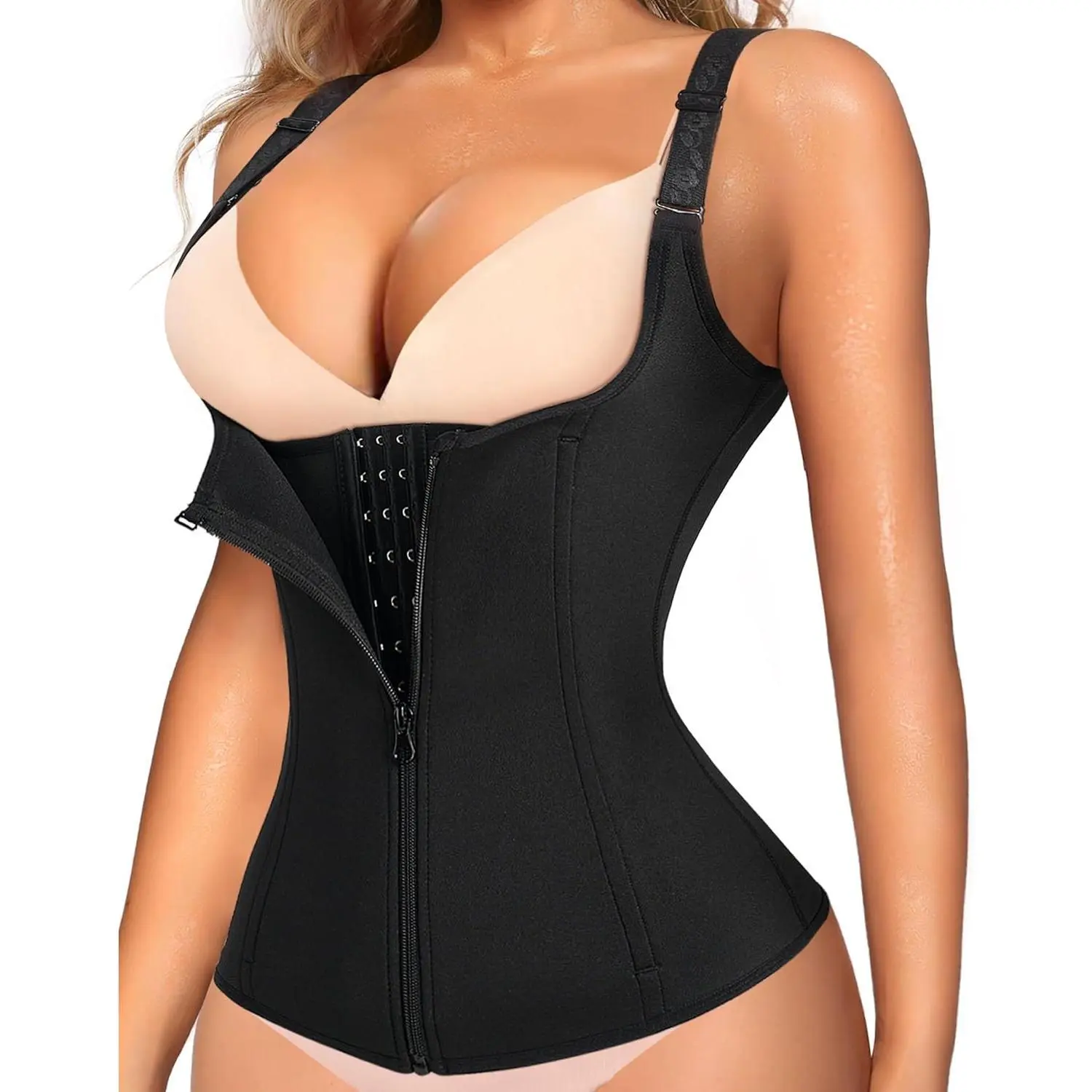 Women's Stretchy Waist Trainer Corset with Steel Bones, Adjustable Zipper Tummy Control Top for Workout & Back Support, Activewear, Fabric, Everyday, Sports Clothes, Compression, Athletic, Shapewear, Mid Waist, Double Layer, Lightweight Stretch, Long Tors