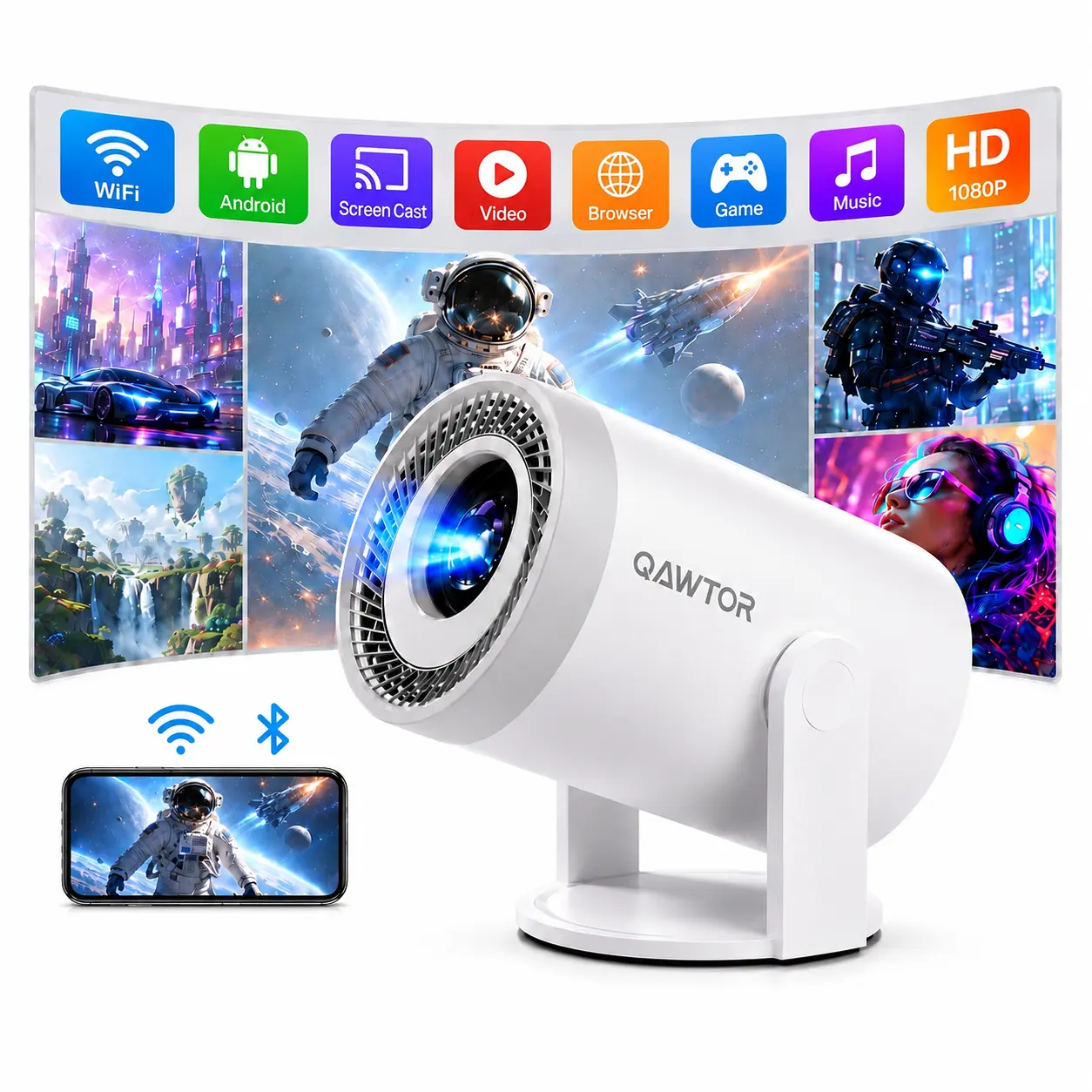 300 ANSI Lumens Mini Projector with Native 4K Decoding – Ultra-Bright Smart Portable Projector, 0.9:1 Short Throw, 360° Adjustable Focus, Up to 235" Giant Screen for Home Theater, Bedroom & Outdoor Movies