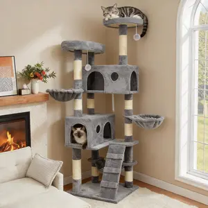 Baohe 68in Larger Cat Tree Tower Condo for Indoor Kitties/Multi-Level Furniture Activity Center with Wide Base/Cozy Plush Cat Perches/Baskets/Sisal Scratching Posts and Hammock/Grey