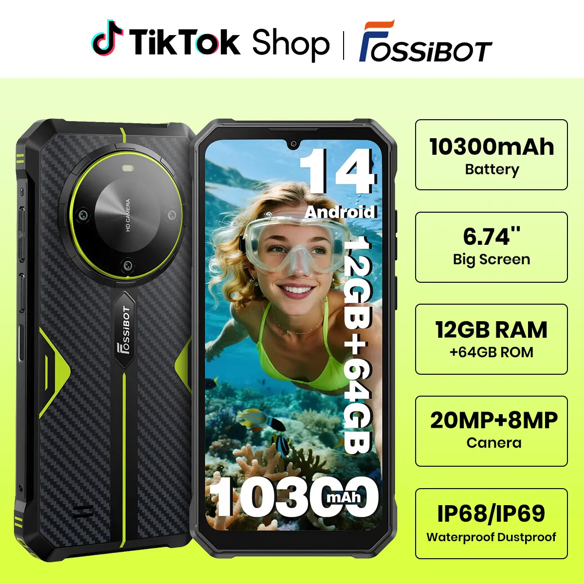 FOSSIBOT F105 Rugged Smartphone Unlocked,12+64GB/128GB Cellphone,10000+mAh Battery,20MP+8MP Waterproof Phones, 6.745” HD Display Display,IP68/IP69K/Dual Sim/2026 Black,back to school,back to school haul