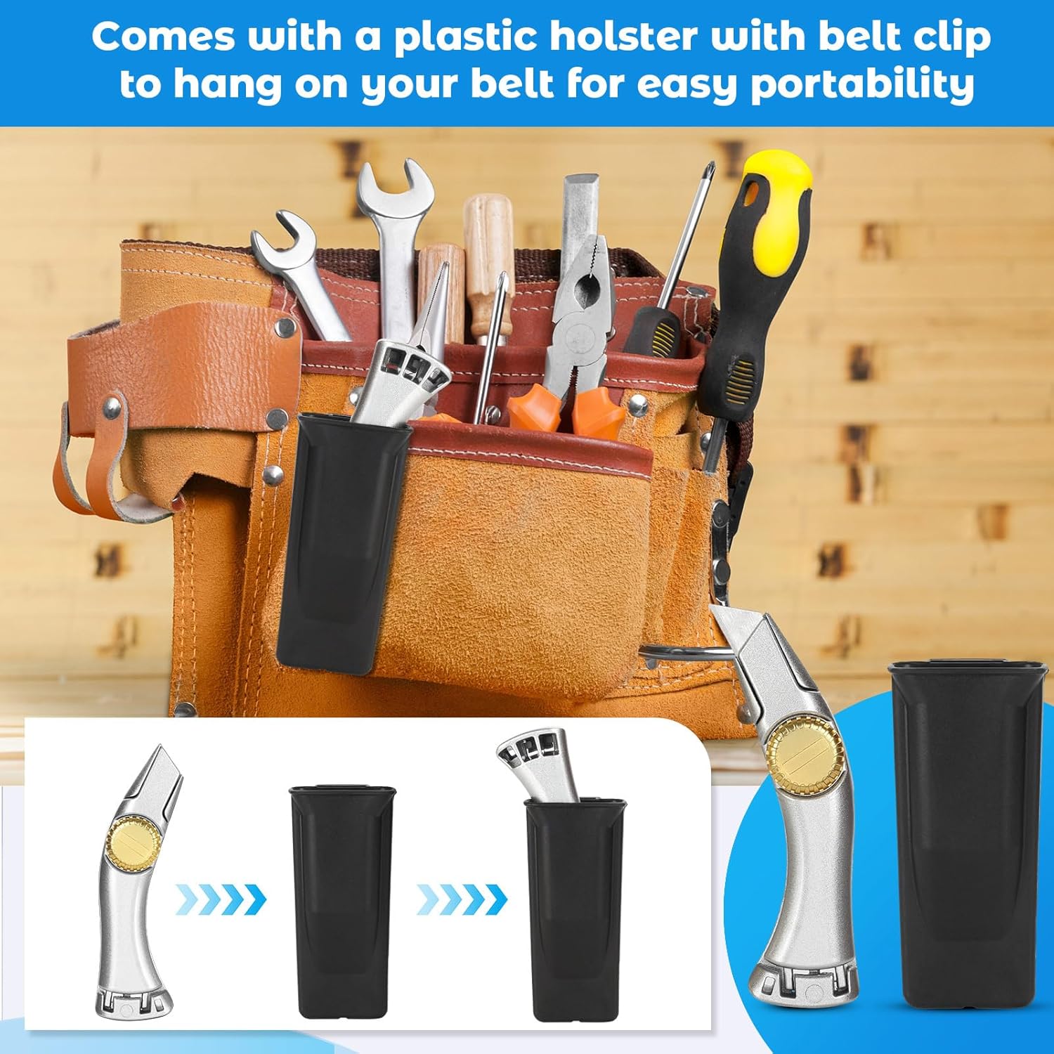 2PCS Silver Fixed Blade Roofing Knife Utility Knife with 3 functions for 6 blades Box Cutter with Holster Belt Clip Roofing Tools for Carpet, Outdoor Indoor Construction Marking