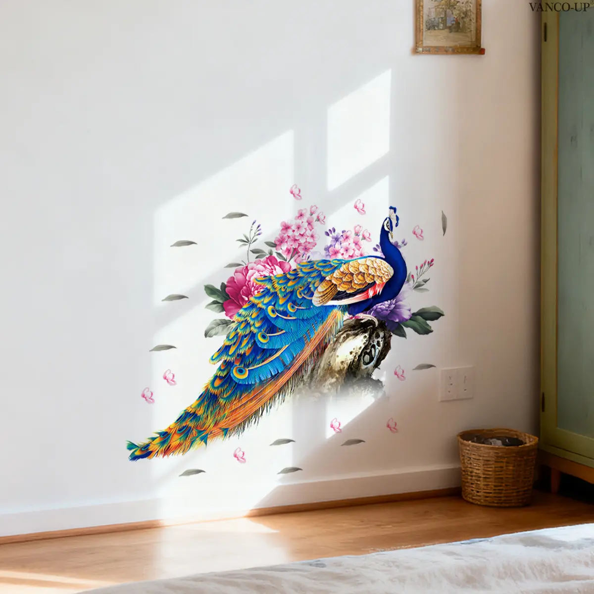 A set (30*60cm*2pcs) 2D flat new spring and summer Chinese style hand-painted bright peacock creative home bedroom living room skirting line wall sticker entrance decoration background wall sticker M20966-KR