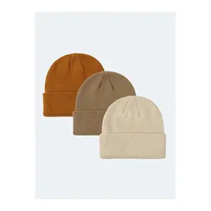 Unisex Foldable Beanie Hat Set – Mustard, Taupe & Stone (3-Pack)