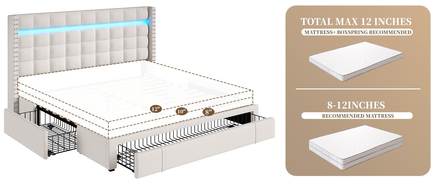 Raybee Furniture 3 Drawers Bed frame for Queen, No Mattress, LED Bed Frame with Adjustable Headboard and Storage, NO Noise,No Spring Needed, Hold 880LBS, Beige, Gray