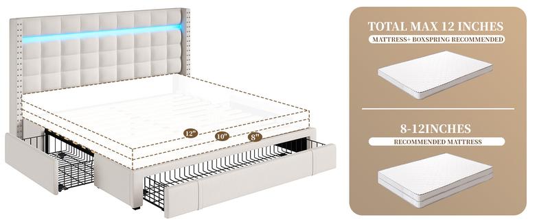 Raybee Furniture 3 Drawers Bed frame for Queen, No Mattress, LED Bed Frame with Adjustable Headboard and Storage, NO Noise,No Spring Needed, Hold 880LBS, Beige, Gray