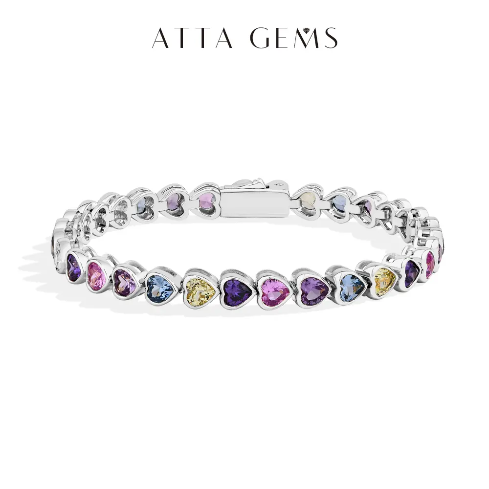 ATTAGEMS Heart-shape Lab-Created Sapphire Colorful Bracelet S925 Sterling Silver Zircon Bracelets For Women Engagement Party Jewelry Gift B050, Elegant Jewelry Bracelet