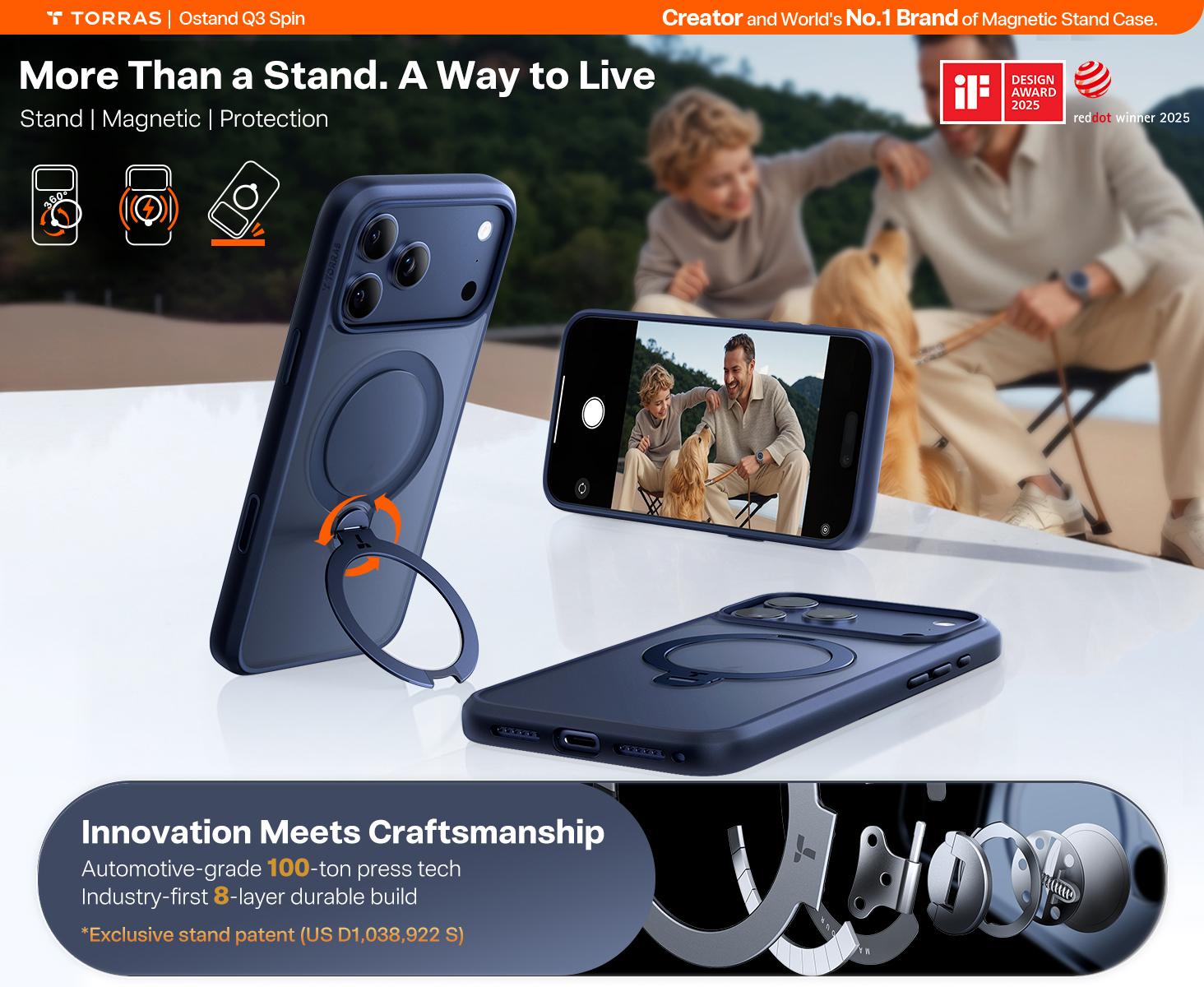 TORRAS OStand Q3 Spin Magnetic Stand Case for iPhone 17 Pro Max with 360° Rotatable Kickstand 4X Military-Grade Protection Protection & MagSafe Compatible