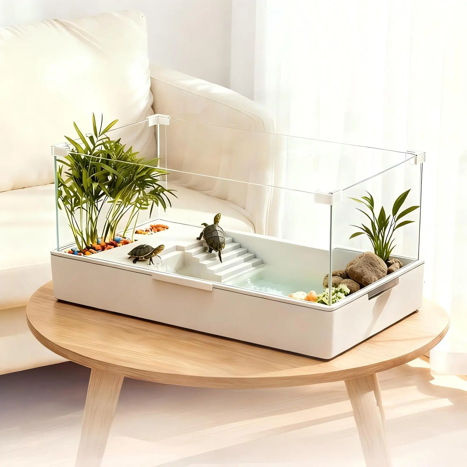 Chefoo Large Transparent Ultra-Clear Glass Reptile Tank Enclosure Kit - Pet Aquarium Supplies with 360° Panoramic View, Higher Fences, Multi-Function Area, 5W Adjustable Built-In Water Pump, Automatic Rain Shower Head, Power Supply, Easy Water Drainage