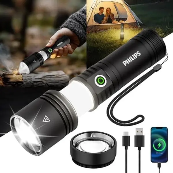 PHILIPS Rechargeable LED Flashlight, High Lumens Super Bright Flashlight, Five Modes, Outdoor Camping Emergency Flashlight#Summervibes