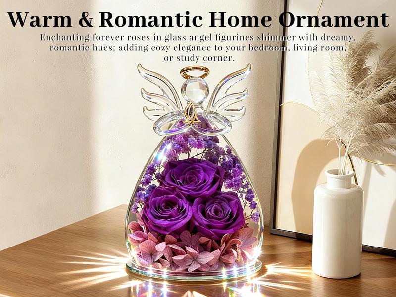 【Real Rose】DEEMEI Preserved Ross in Glass Angel Figurine Eternal Flower Valentine's Day Gift Idea for Her Mom Grandma Wife Women form Daughter