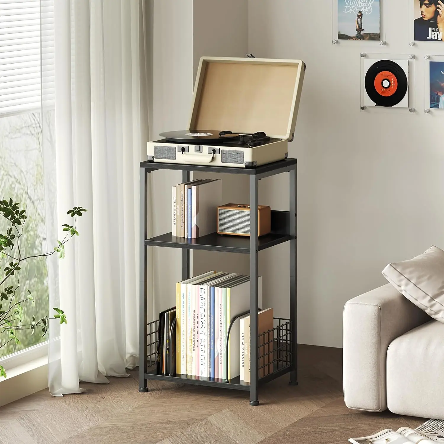 Record Player Stand, 3 Tier 16.9" Wide Industrial Multipurpose Stand, Metal Etagere Bookcase with Storage for Up to 130 Vinyl Albums, Turntable & Printer Side Table for Living Room Bedroom Home Office