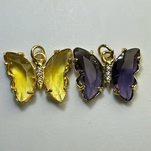 Glass Butterfly Charms with Cubic Zirconia Center Stones - Gold plated Copper - 1 piece