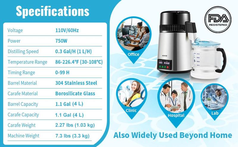 VEVOR 1.1 Gal Water Distiller, 0.3 Gal/H, 750W Distilled Water Maker Machine 0-99H Timing Set Temp Display, 304 Stainless Steel Countertop Distiller Glass Carafe Cleaning Powder 3 Carbon Packs, Silver VEVOR 1.1 Gal Water Distiller, 0.3 Gal/H, 750W Distilled Water Maker Machine 0-99H Timing Set Temp Display, 304 Stainless Steel Countertop Distiller Glass Carafe Cleaning Powder 3 Carbon Packs, Silver