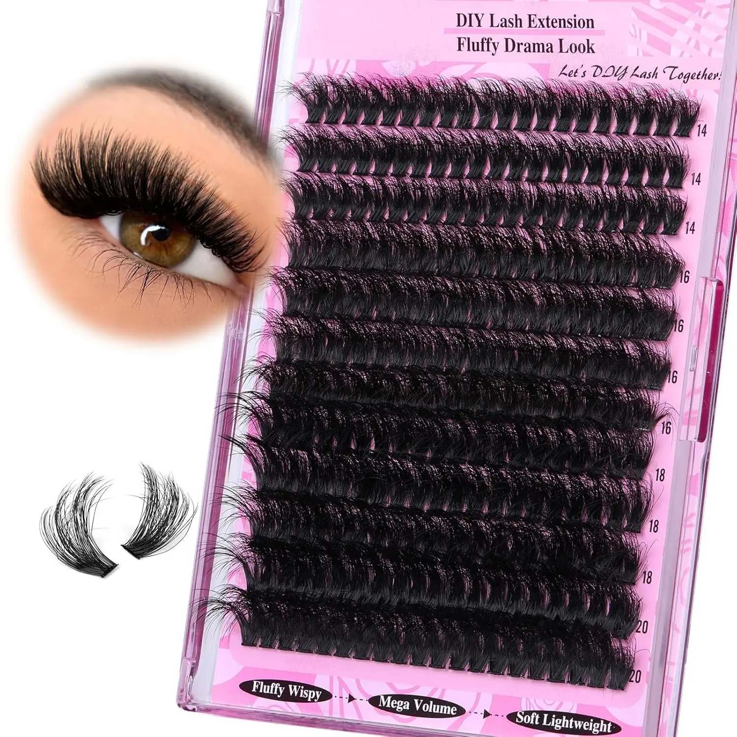 Fluffy Lash Clusters Thick 200D Volume Eyelash Clusters 14-20mm Wispy Individual Lashes D Curly Cluster Eyelash Extensions 240pcs DIY Lash Extension for Beginners