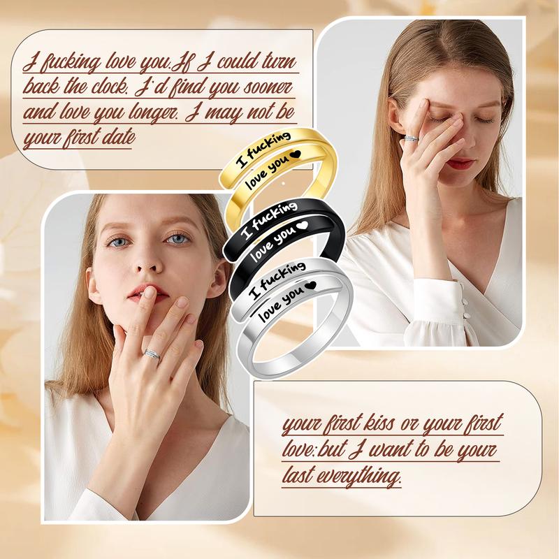 "I Fcking Love You" Adjustable Ring for Women and Men – Stainless Steel Engraved Heart Spiral Wrap Twist, Vintage Promise Ring, Perfect Valentine's Day Gift for Wife or Girlfriend